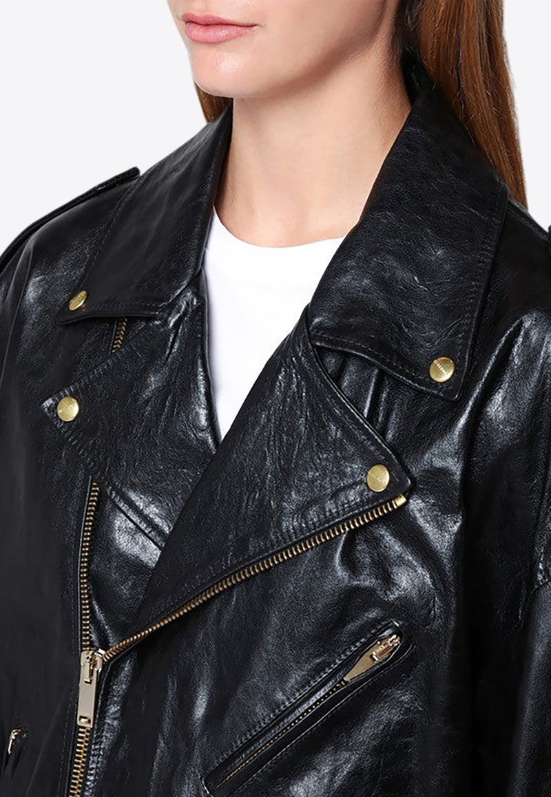 HALFBOY Leather Biker Jacket with Removable Belt Black HFW241WLBK066/P_HALF-999