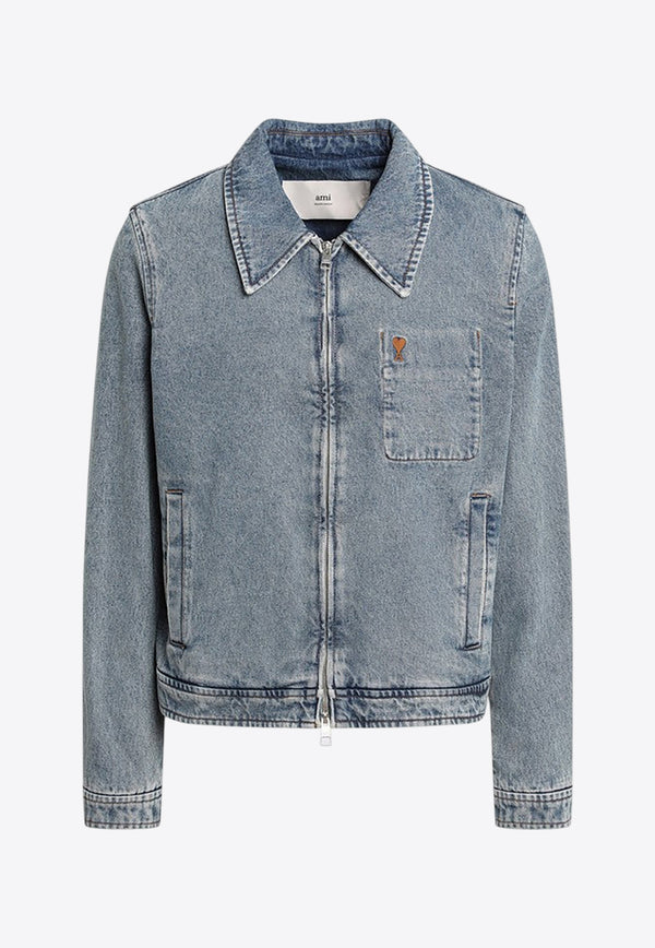 AMI PARIS Ami De Coeur Denim Zip-Up Jacket Light Blue HJK835DE0046/R_AMI-480