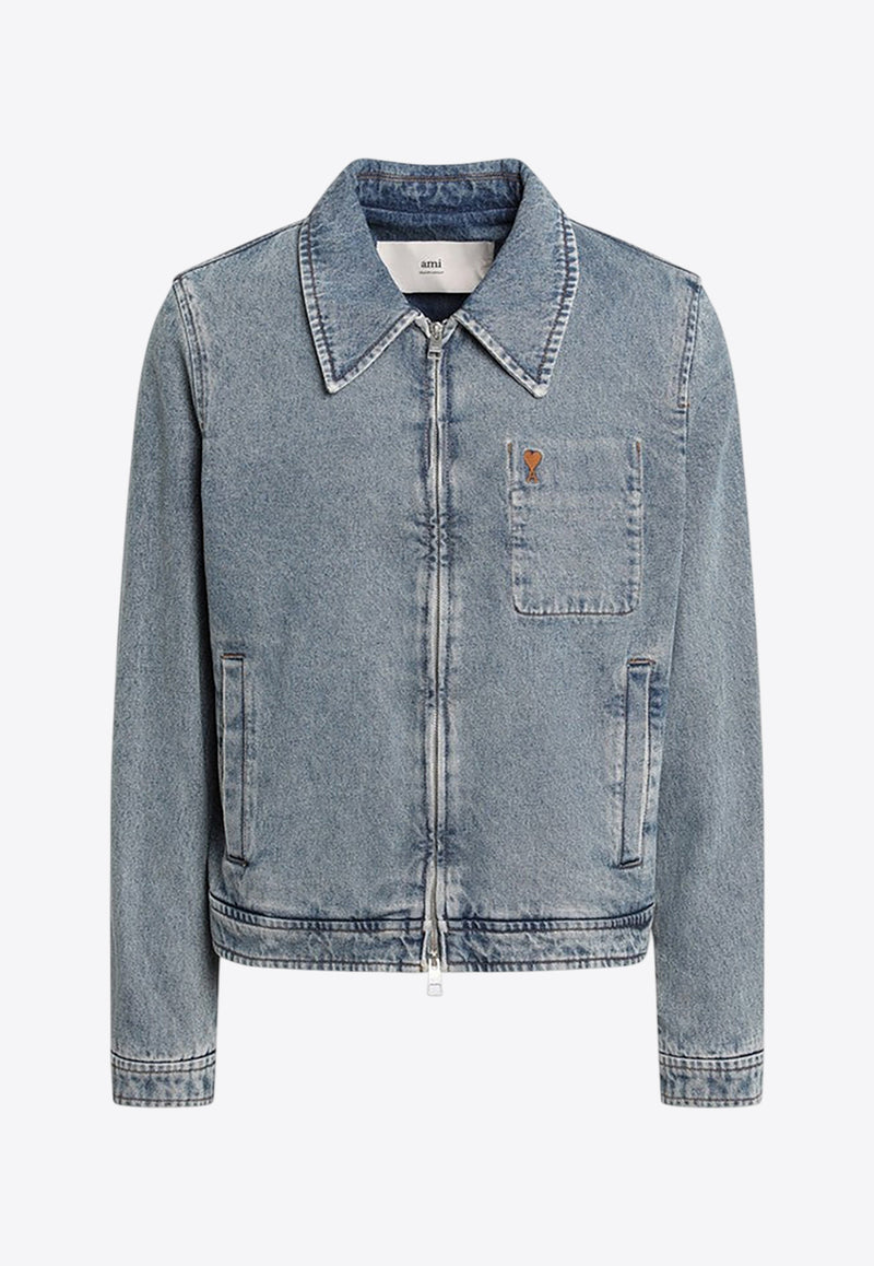 AMI PARIS Ami De Coeur Denim Zip-Up Jacket Light Blue HJK835DE0046/R_AMI-480