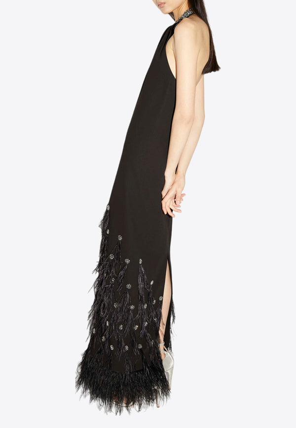 Huishan Zhang Vic Halterneck Feathered Gown Black HPW240130BLACK