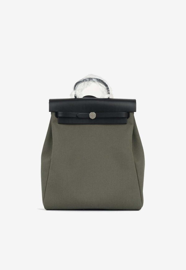 Hermès Herbag Sac A Dos in Vert de Gris Toile and Black Hunter Leather with Palladium Hardware