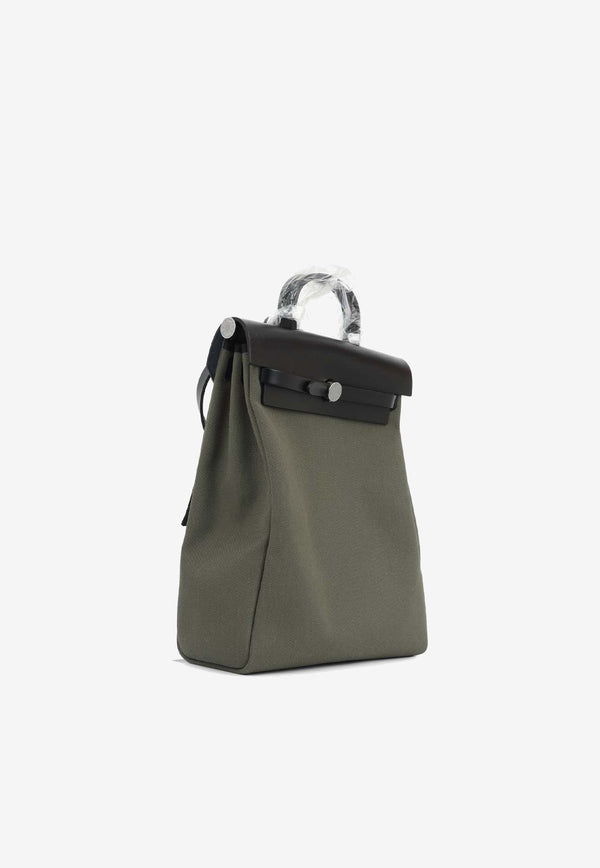 Hermès Herbag Sac A Dos in Vert de Gris Toile and Black Hunter Leather with Palladium Hardware