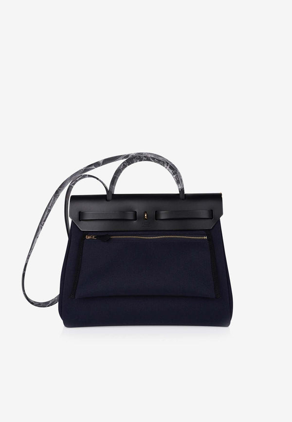 Hermès Herbag 31 in Blue Indigo Toile and Black Vache Hunter with Gold Hardware