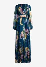 Dolce & Gabbana Peony Print Pleated Chiffon Maxi Dress Multicolor I6AF5Z IS11Q HV5ZY