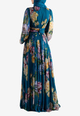 Dolce & Gabbana Peony Print Pleated Chiffon Maxi Dress Multicolor I6AF5Z IS11Q HV5ZY