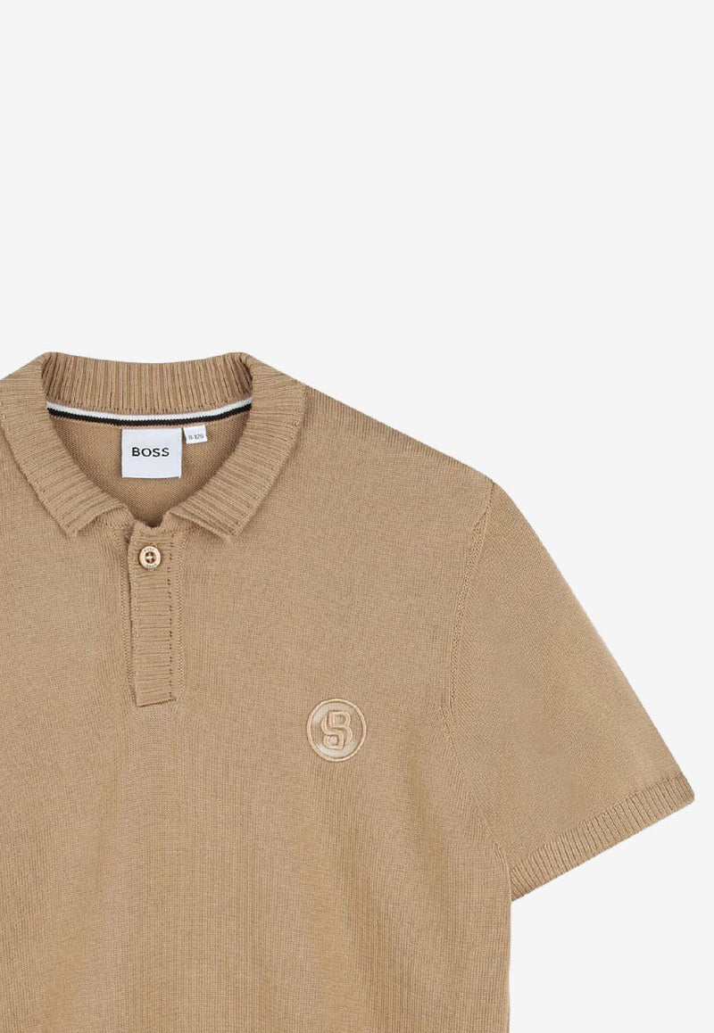 Hugo Boss Kids Boys Ribbed Knit Logo Polo T-shirt Beige J52342/269_BEIGE