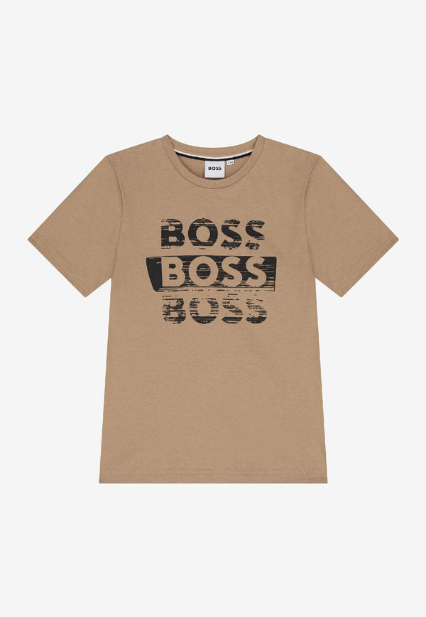 Hugo Boss Kids Boys Repeated Logo Print T-shirt Beige J52366/269_BEIGE