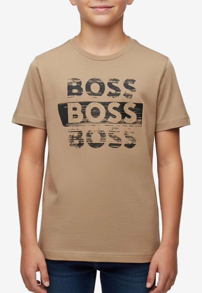 Hugo Boss Kids Boys Repeated Logo Print T-shirt Beige J52366/269_BEIGE