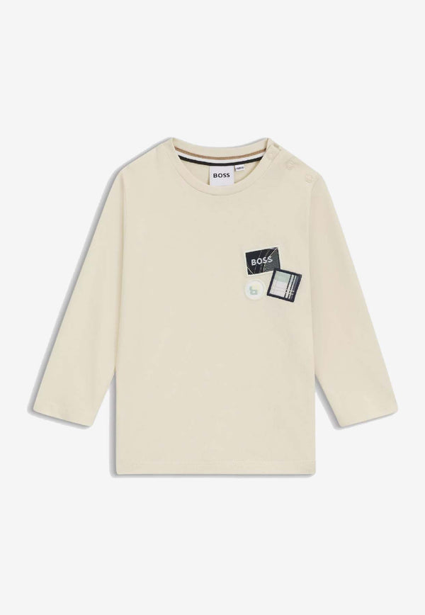 Hugo Boss Kids Baby Boys Logo Badges Long-Sleeved T-shirt Sand J52473/21C_SAND