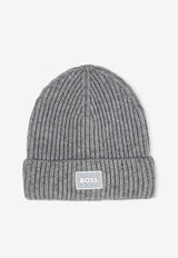Hugo Boss Kids Boys Logo Patch Ribbed Knit Beanie Gray J52619/A46_GREY