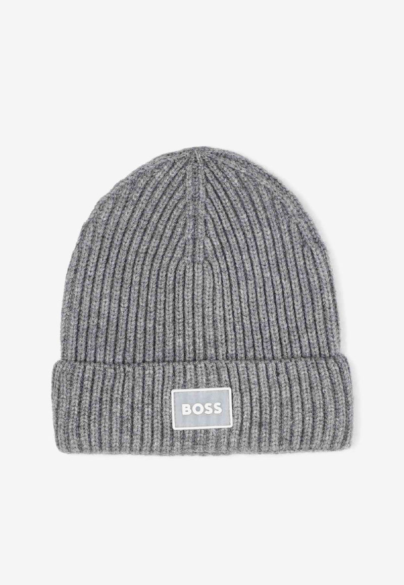 Hugo Boss Kids Boys Logo Patch Ribbed Knit Beanie Gray J52619/A46_GREY