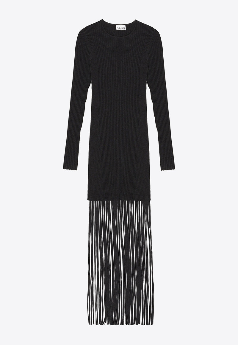 GANNI Melange Knit Fringe Mini Dress K1988BLACK