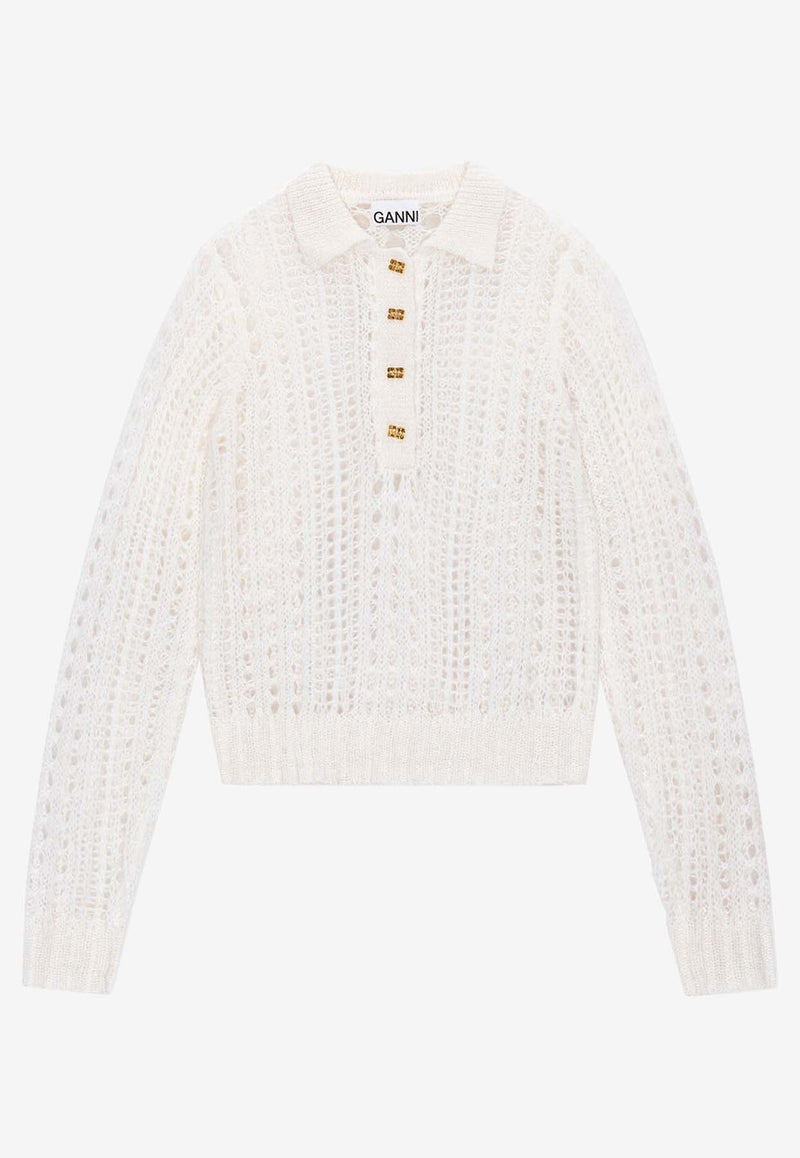 Mohair Lace Polo Sweater GANNI K2072WHITE