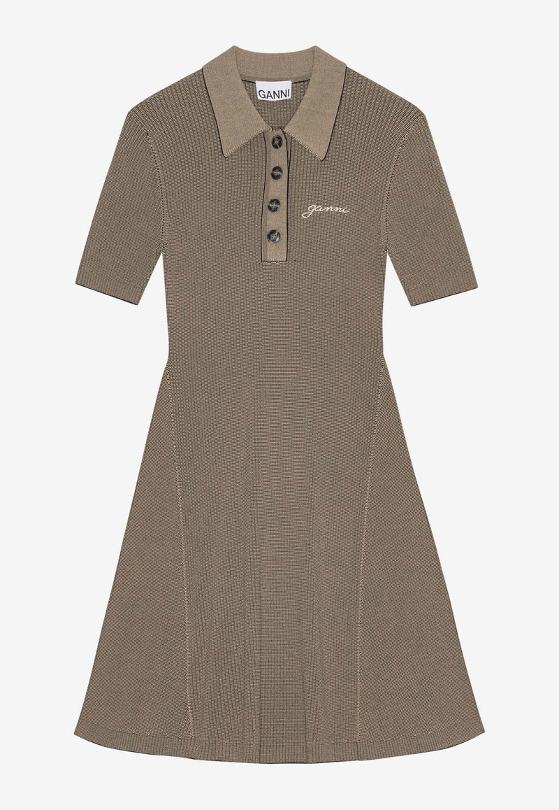GANNI Rib Knit Mini Polo T-shirt Dress Khaki K2194KHAKI