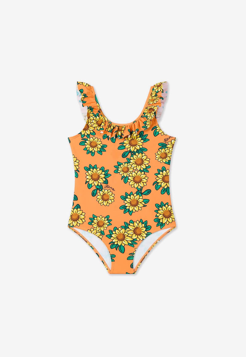 Kenzo Kids Girls Sun Flower Print One-Piece Swimsuit Orange K60983/423_ORANGE