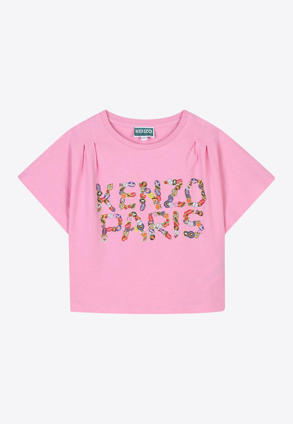 Kenzo Kids Girls Graphic Logo Print Cropped T-shirt Pink K61065/465_PINK