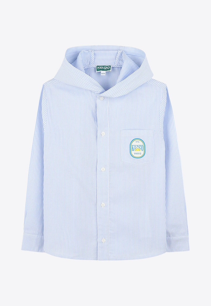 Kenzo Kids Boys Logo Patch Striped Hooded Shirt Light Blue K61093/77L_LIGHT BLUE
