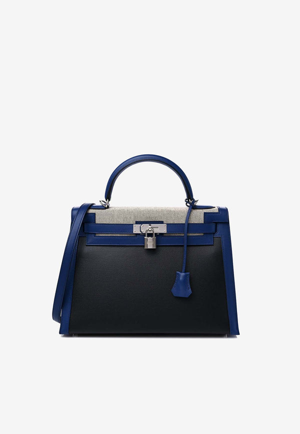 Hermès Kelly 32 Sellier in Black, Ecru Berline Toile and Bleu Sapphire Swift with Palladium Hardware