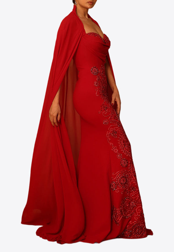 Zeena Zaki Embellished Chiffon Cape Gown Red KF-276-REDRED