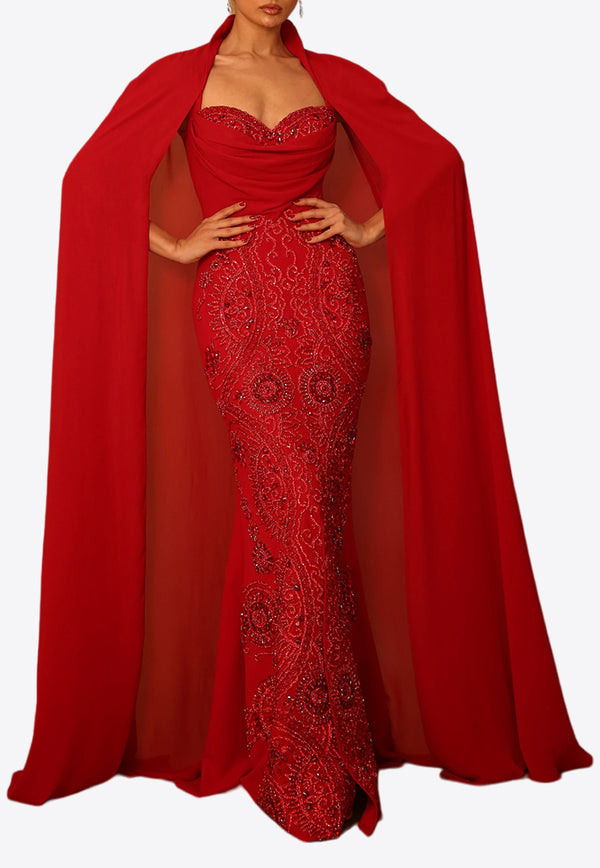 Zeena Zaki Embellished Chiffon Cape Gown Red KF-276-REDRED