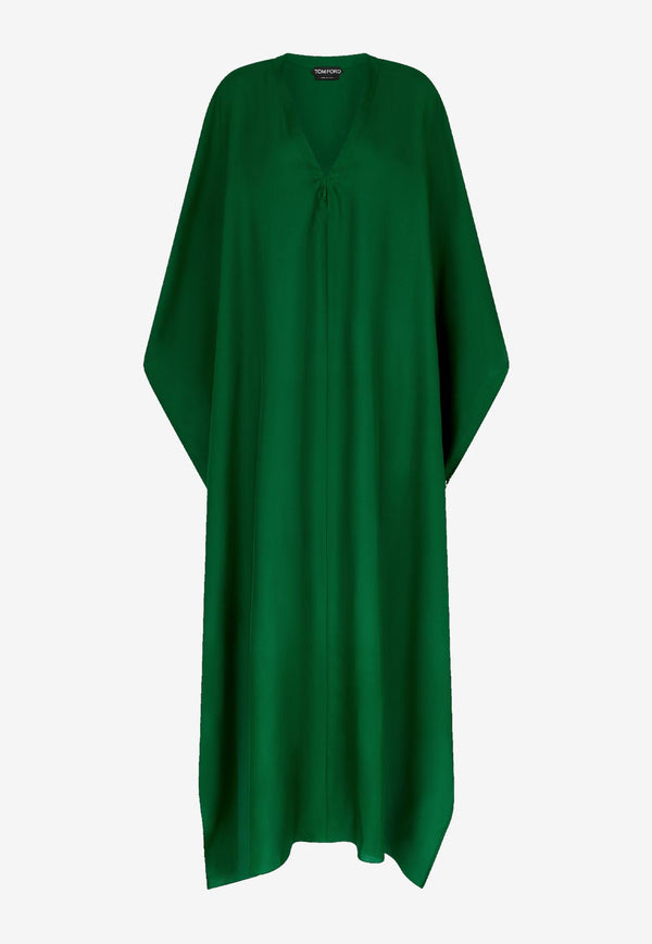 Tom Ford Deep V-neck Maxi Silk Kaftan Green KF0058-FAX1564 FG517
