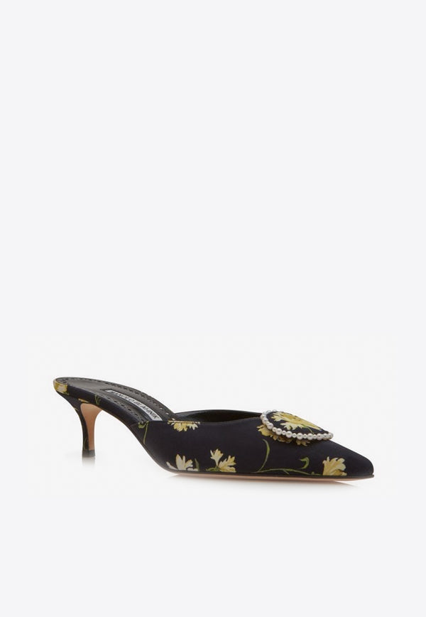 Manolo Blahnik Kifatmu 50 Floral Satin Mules KIFATMU 50 BLACK 906Y 2857-0001 Black