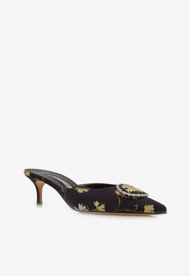 Manolo Blahnik Kifatmu 50 Floral Satin Mules KIFATMU 50 BLACK 906Y 2857-0001 Black