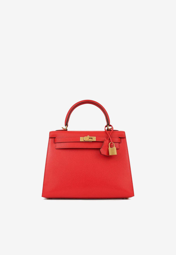 Hermès Kelly 25 in Rouge De Coeur Chevre Chamkila Leather with Gold Hardware
