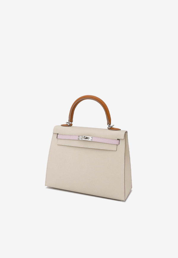 Hermès Kelly 25 Sellier in Craie, Gold and Mauve Pale Epsom Leather with Palladium Hardware