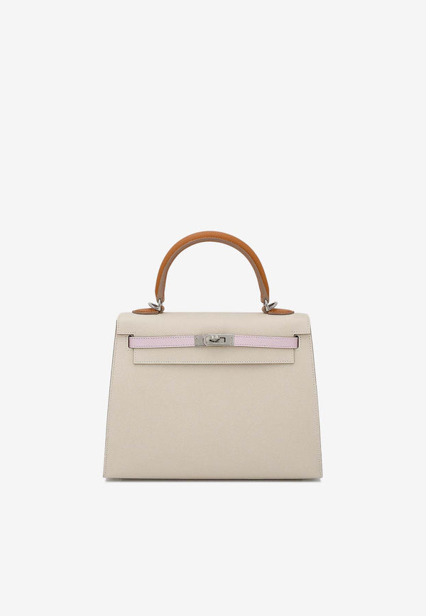Hermès Kelly 25 Sellier in Craie, Gold and Mauve Pale Epsom Leather with Palladium Hardware