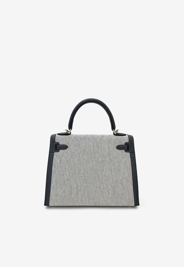 Hermès Kelly 25 Sellier in Ecru, Gris Misty Toile and Black Swift Leather with Permabrass Hardware