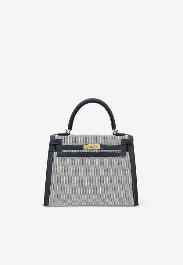 Hermès Kelly 25 Sellier in Ecru, Gris Misty Toile and Black Swift Leather with Permabrass Hardware