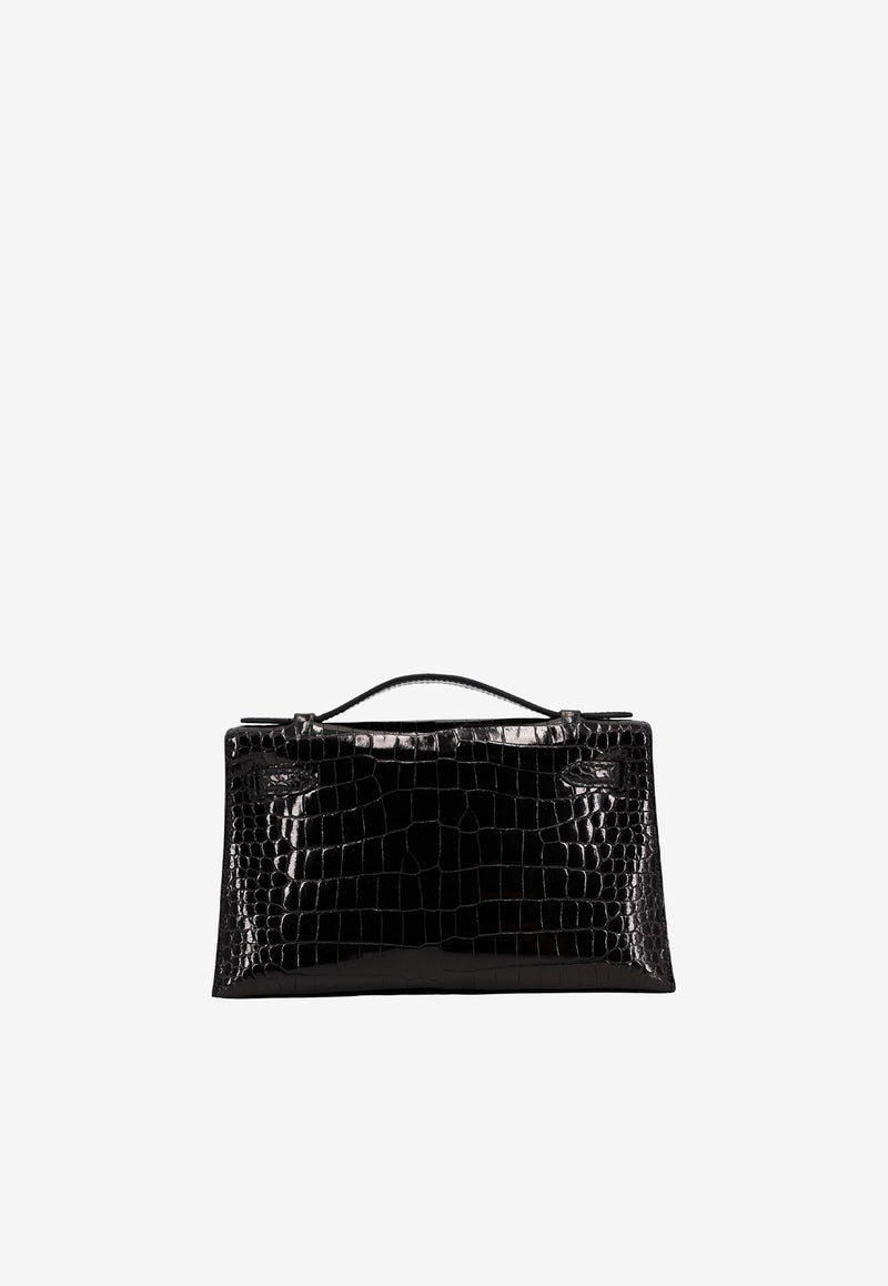 Hermès Kelly Pochette Clutch Bag in Black Porosus Crocodile with Gold Hardware