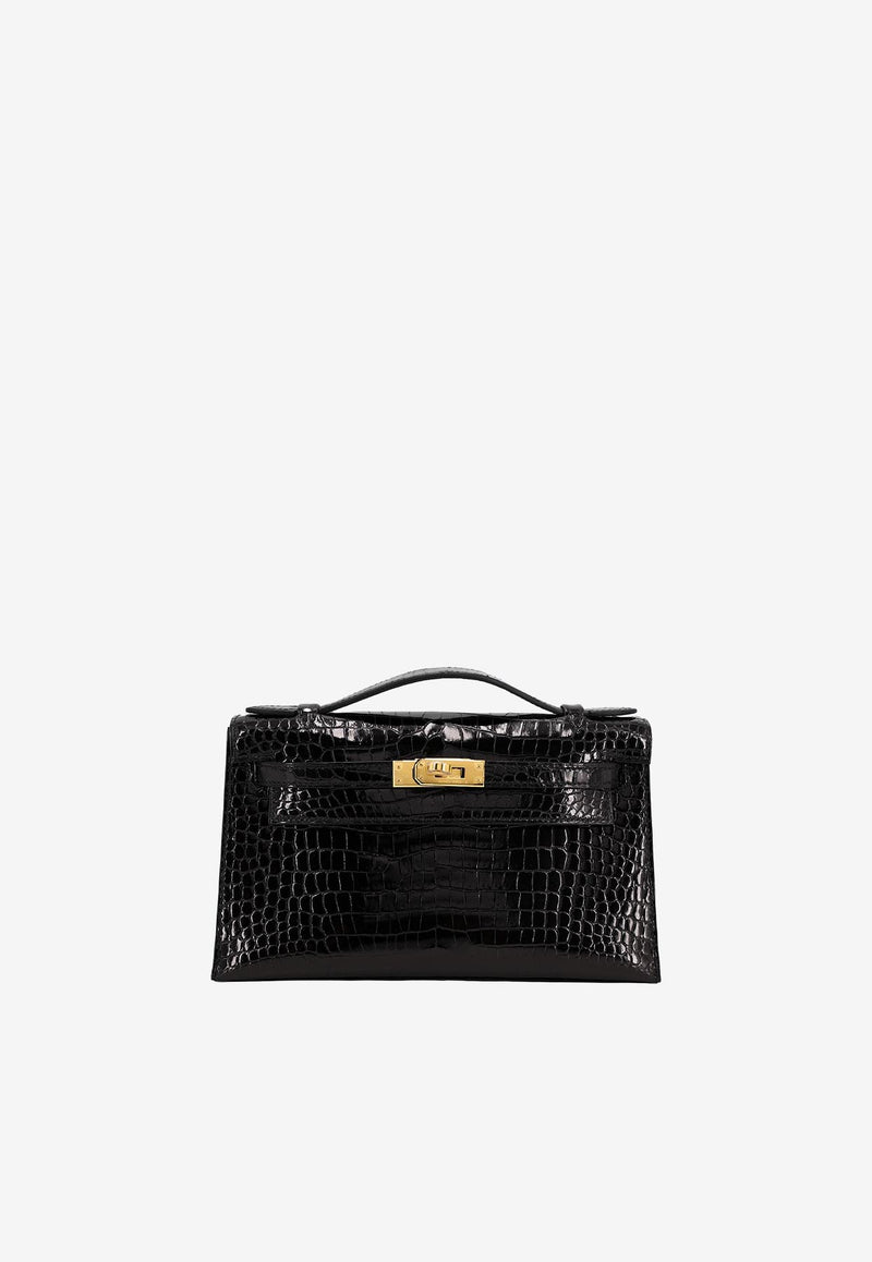 Hermès Kelly Pochette Clutch Bag in Black Porosus Crocodile with Gold Hardware