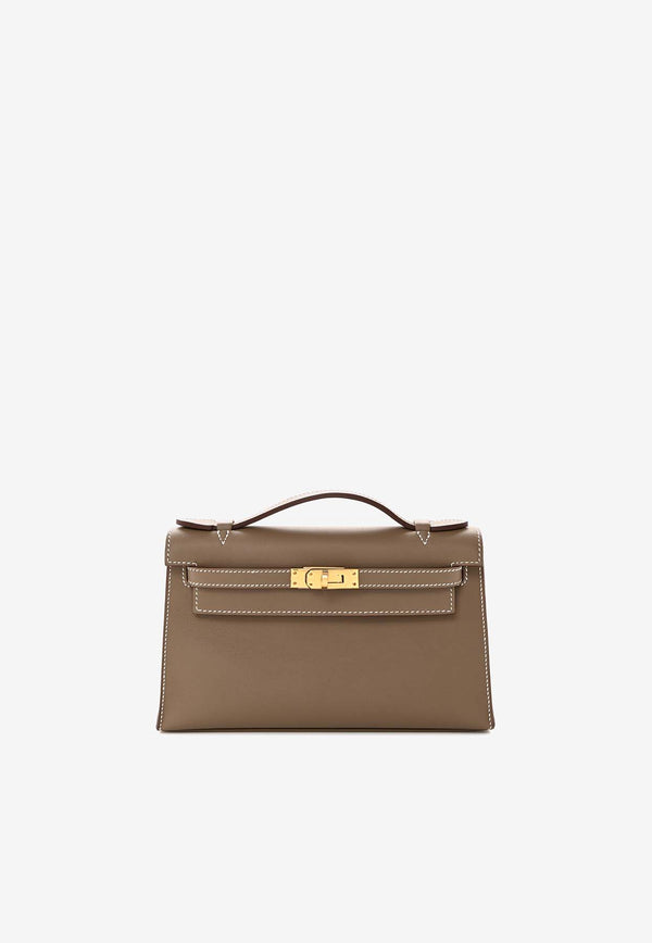 Hermès Kelly Pochette Clutch Bag in Etoupe Swift Leather with Gold Hardware