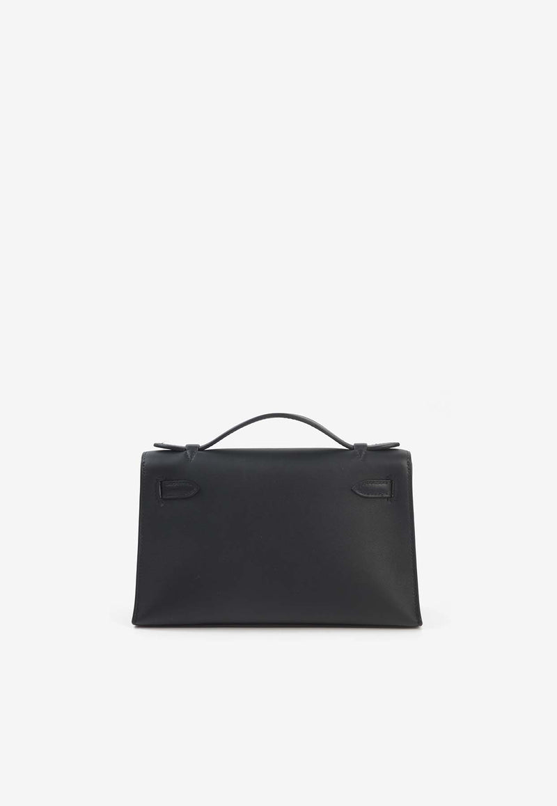 Kelly Pochette Clutch Bag in Black Swift Leather with Palladium Hardware