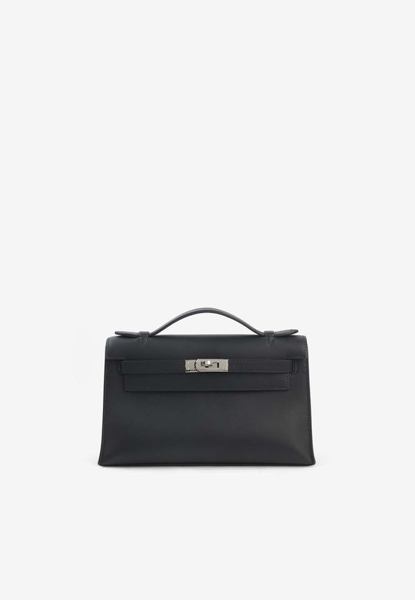 Kelly Pochette Clutch Bag in Black Swift Leather with Palladium Hardware