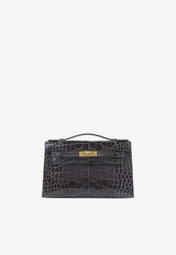 Kelly Pochette Clutch Bag in Graphite Shiny Alligator Leather with Gold Hardware