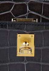 Kelly Pochette Clutch Bag in Graphite Shiny Alligator Leather with Gold Hardware