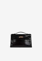 Kelly Pochette Clutch Bag in Black Shiny Porosus Crocodile with Gold Hardware