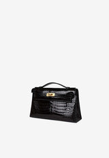 Kelly Pochette Clutch Bag in Black Shiny Porosus Crocodile with Gold Hardware