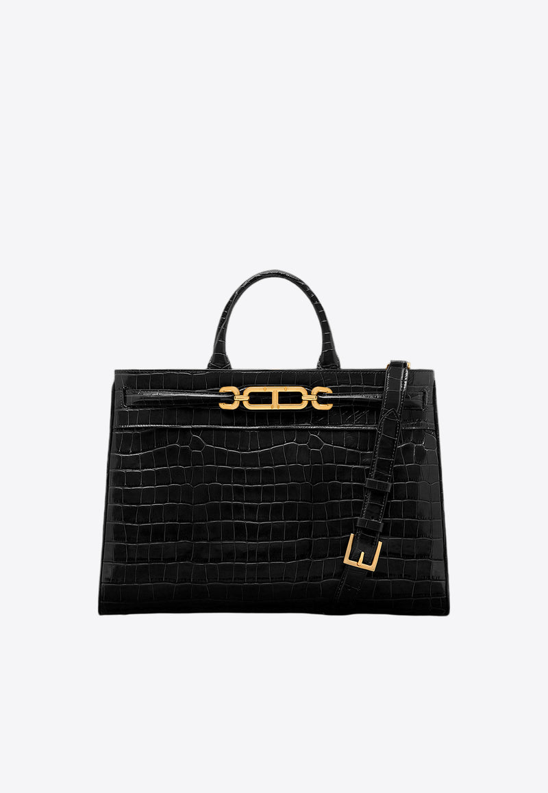 Tom Ford Large Whitney Top Handle Bag in Croc Embossed Leather L1785-LCL403X 1N001 Black