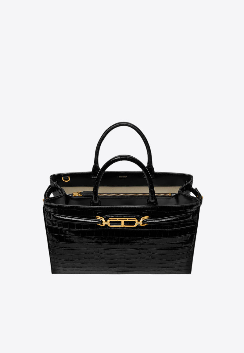 Tom Ford Large Whitney Top Handle Bag in Croc Embossed Leather L1785-LCL403X 1N001 Black