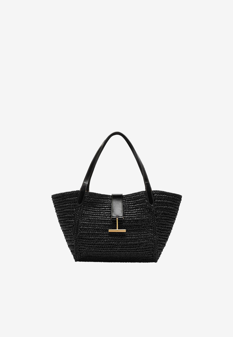 Tom Ford Medium Tara Raffia and Leather Tote Bag L1849-IRF007G 1N001 Black