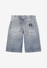 Dolce & Gabbana Kids Boys Logo Plaque Washed Denim Shorts Denim L43Q69 LDD83 S9000