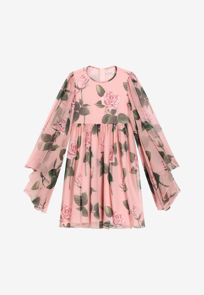 Dolce & Gabbana Kids Rose Print Silk Chiffon Dress Pink L53DE9 IS1X9 HF5IZ