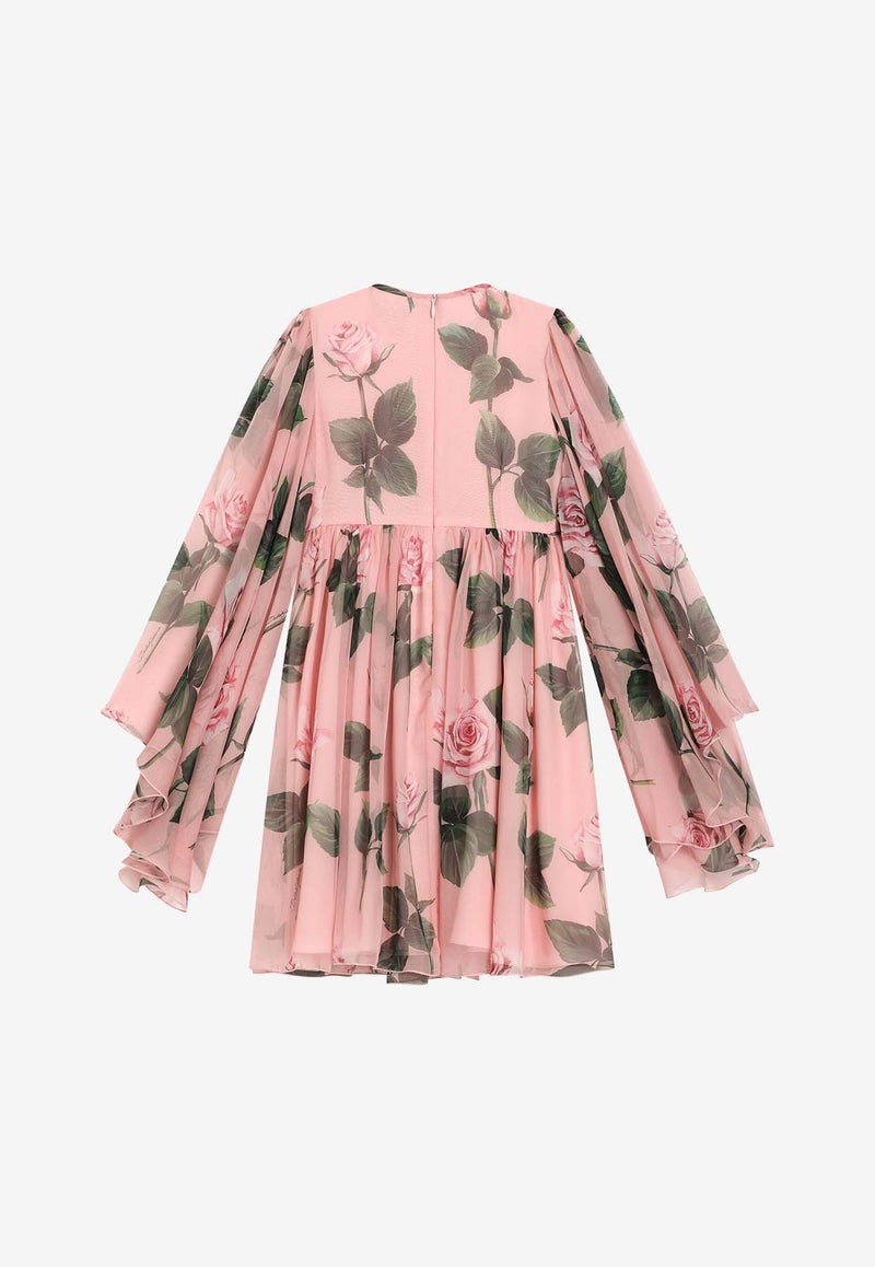 Dolce & Gabbana Kids Rose Print Silk Chiffon Dress Pink L53DE9 IS1X9 HF5IZ