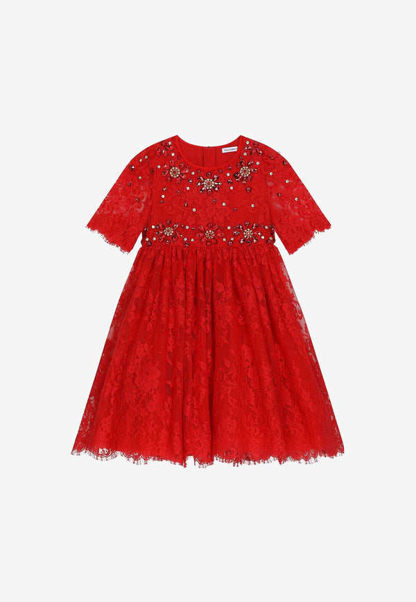 Dolce & Gabbana Kids Girls Gemstone-Embellished Lace Dress L53DQ9 G7K3M R2254