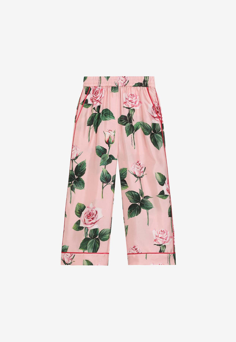 Dolce & Gabbana Kids Girls Rose Print Silk Pajama Pants Pink L53P30 IS1X8 HF5IZ