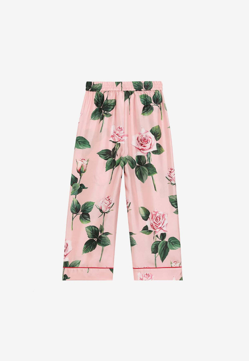 Dolce & Gabbana Kids Girls Rose Print Silk Pajama Pants Pink L53P30 IS1X8 HF5IZ